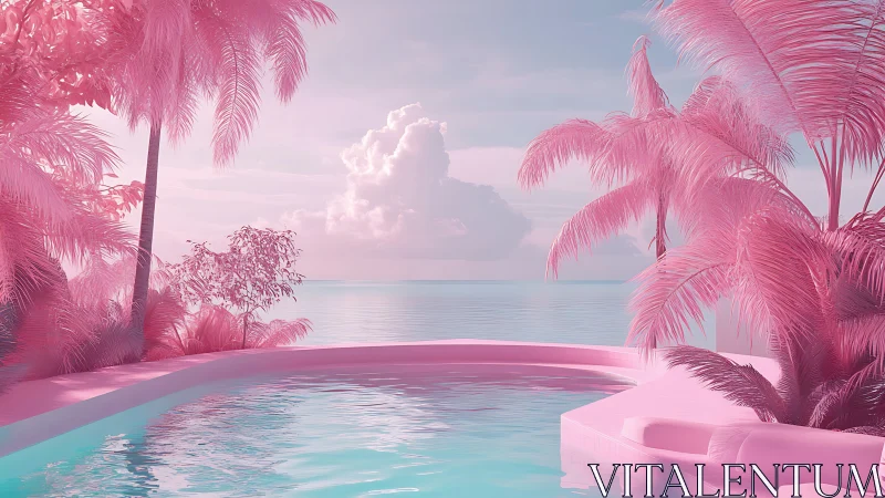 Pink tropical infinity pool overlooks calm pastel ocean.