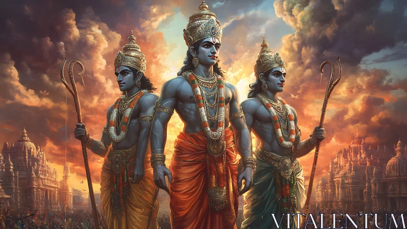 Three divine warriors stride through storm-lit temple skies