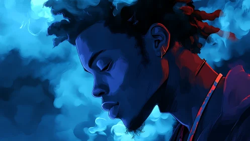Blue smoke cradles a contemplative silhouette in quiet glow