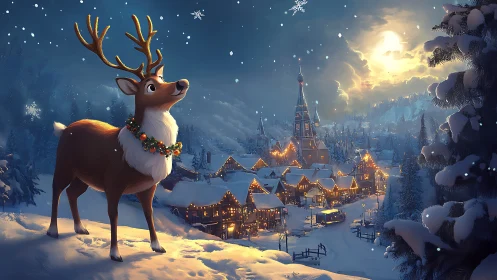 Cartoon reindeer overlooks illuminated snowy Christmas village