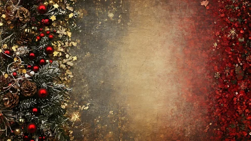 Festive Christmas border with pinecones and red ornaments.