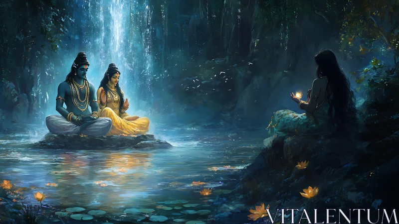 Mystical river meditation beneath luminous waterfall glow.