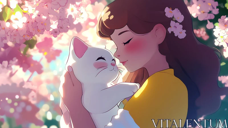 Girl cuddles white cat under glowing cherry blossoms.