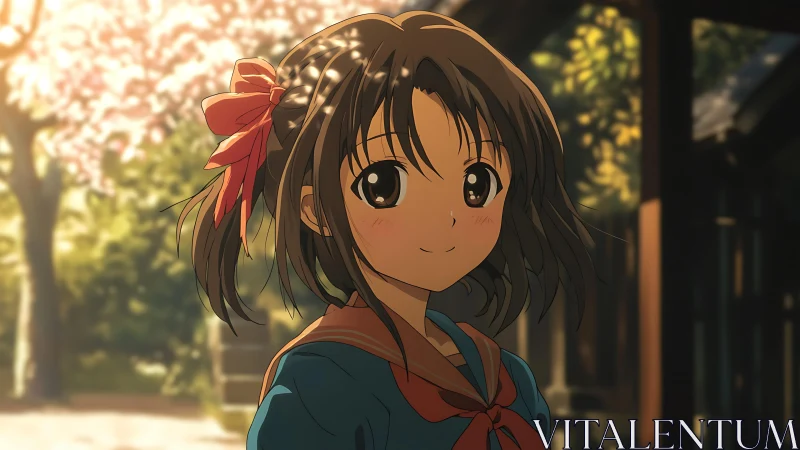 Smiling schoolgirl beneath glowing spring cherry blossoms.