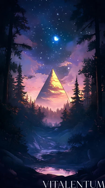 Mystic forest pyramid under starry twilight sky.