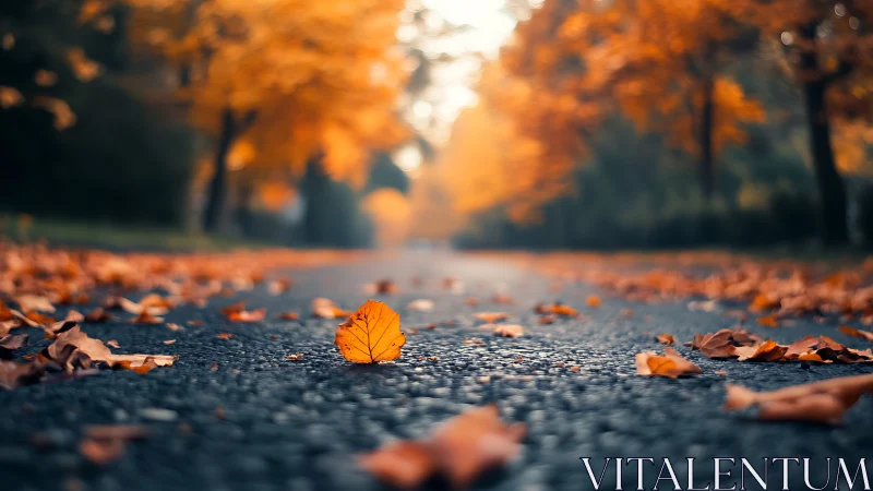 Solitary autumn leaf resting on sunlit forest road.