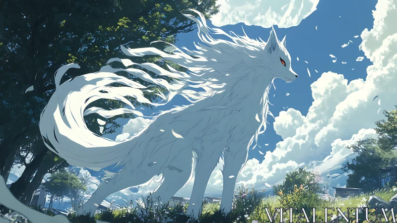Mythic white fox spirit stands beneath towering summer clouds