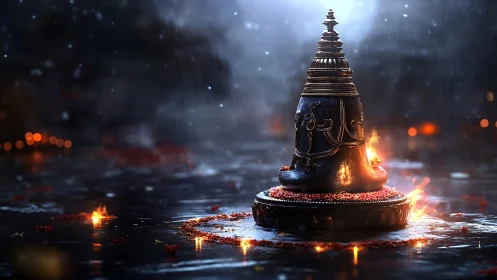 Sacred Shiva lingam glows through rainlit night ritual fire