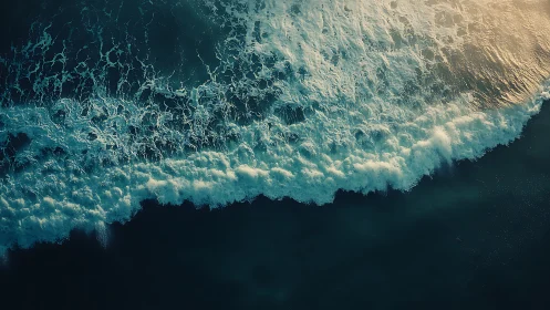 Aerial ocean surf line with foaming turquoise waves.