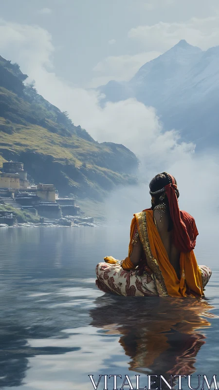 Meditative figure over misted Himalayan lake in rich sari.
