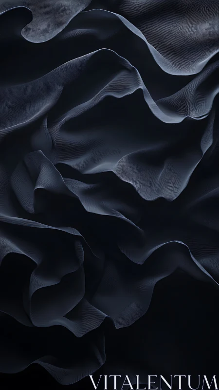 Translucent dark fabric folds form layered flowing waves
