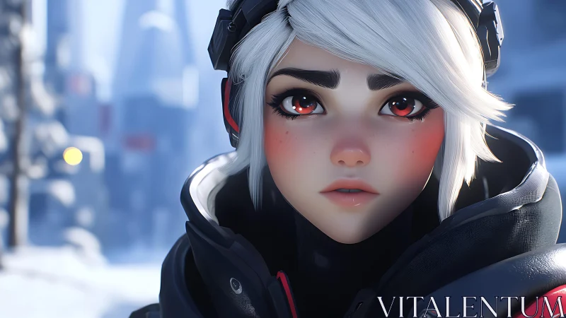 White-haired anime character in winter city close-up portrait.