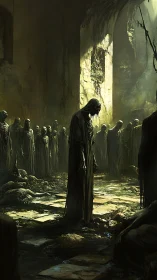 Hooded undead congregation occupies ruined vaulted hall interior