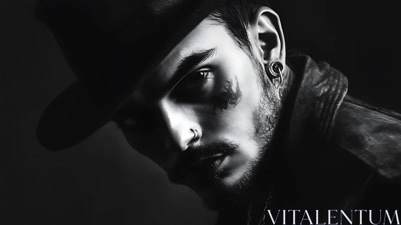 Moody portrait of a tattooed man in dramatic shadows.