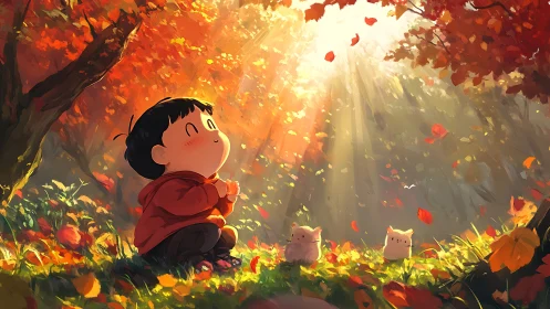Child marvels at magical autumn light with tiny forest friends.