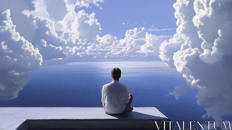 Solitary figure overlooking expansive cloud-framed ocean vista.