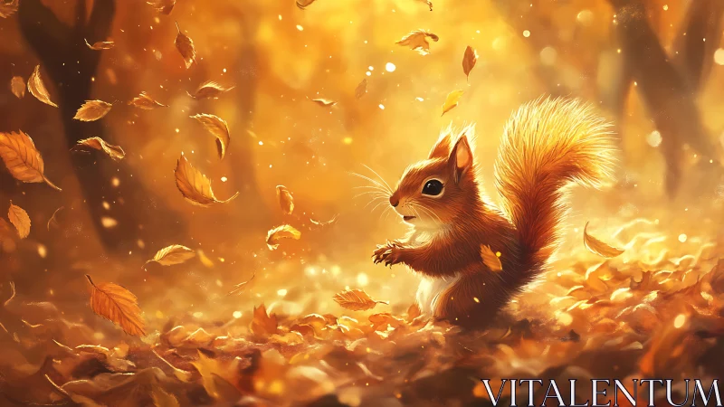 Digital squirrel illustration shows subject amid falling leaves