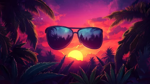 Sunglasses over neon tropical sunset with palm silhouettes.