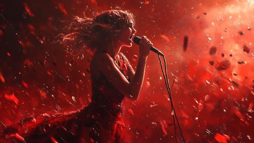 Digital painting of singer in red kinetic stage explosion.