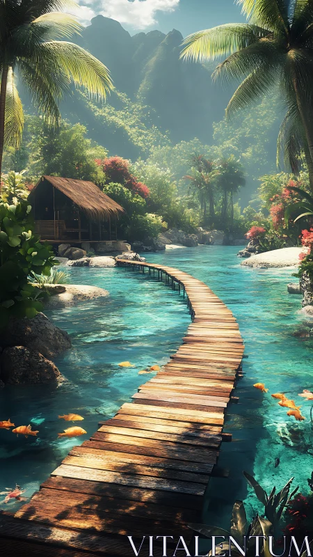 Tropical Lagoon Paradise: Wooden Boardwalk through Turquoise Waters.