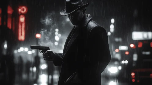 Noir gunman in rain-soaked neon city, cinematic chiaroscuro.