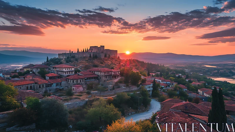 Sunset warmth over a hilltop village and timeless old castle.