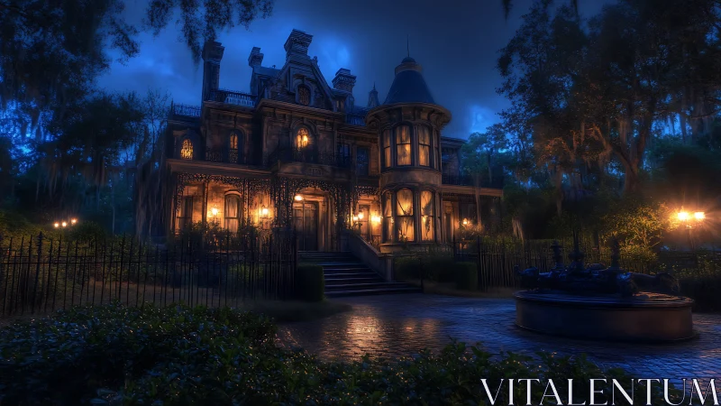 Victorian mansion at dusk with illuminated windows and grounds.