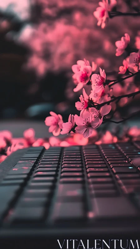 Cherry blossoms over laptop keyboard in soft neon light.