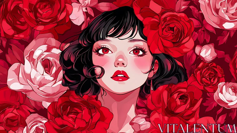 Dreamy girl framed by bold red roses in romantic bloom.