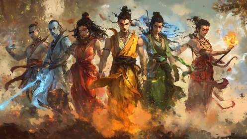 Elemental warriors stride through storm of fire and light