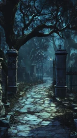 Moonlit cobblestone path winds through eerie forest graveyard