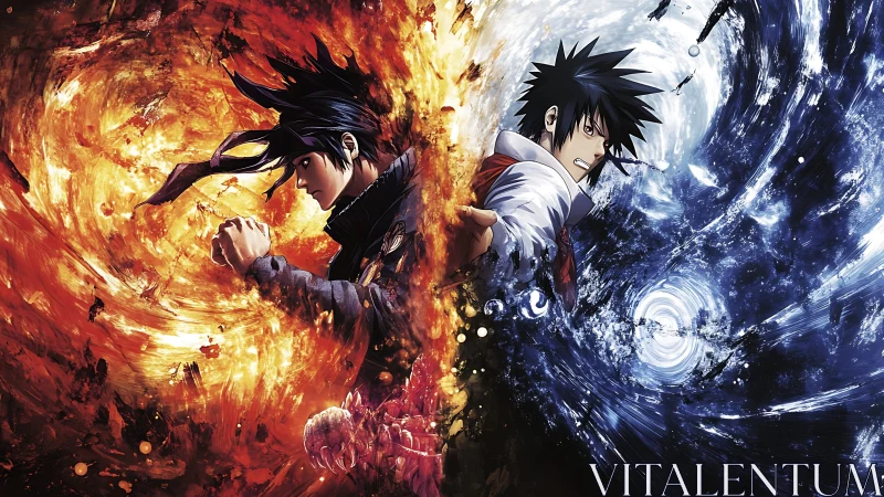 Fiery hearts and tidal wills colliding in anime dueling spirits.