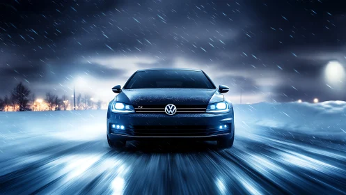 Confident black car gliding through a glowing winter storm.