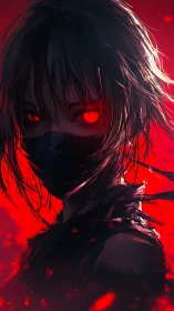 Fierce masked warrior meets blazing red light with calm focus