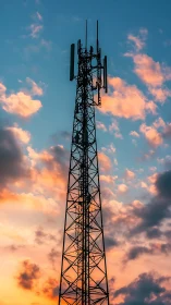 Skyline signal tower crowned by molten cotton clouds.