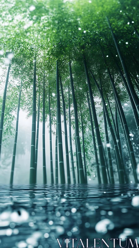 Digital bamboo forest over reflective water in soft mist.