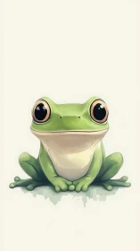 Bright-eyed green frog sitting sweetly with gentle charm.