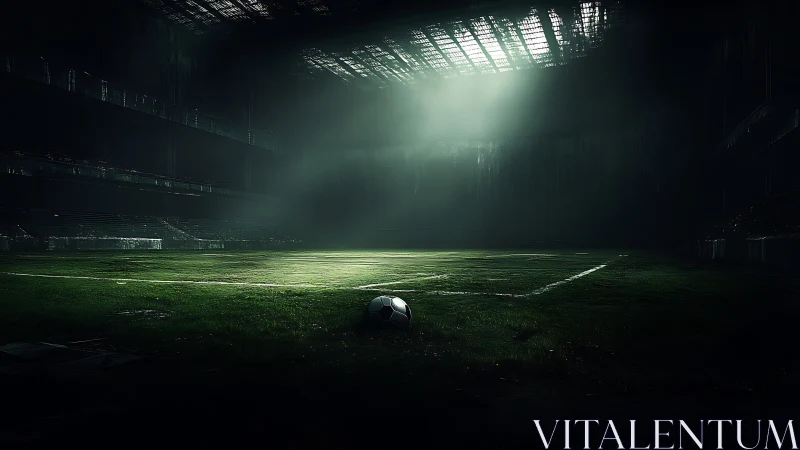 Empty indoor football pitch is illuminated by overhead skylight
