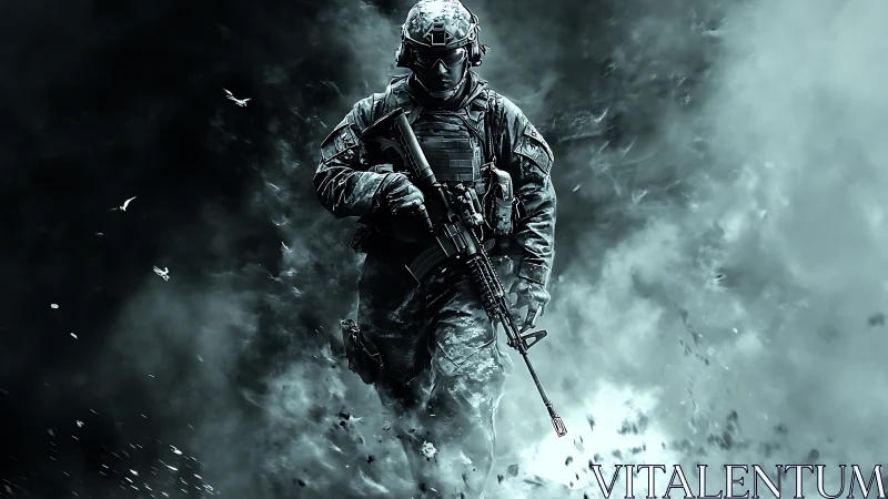 Smoke-wreathed soldier strides forward through a storm of ash