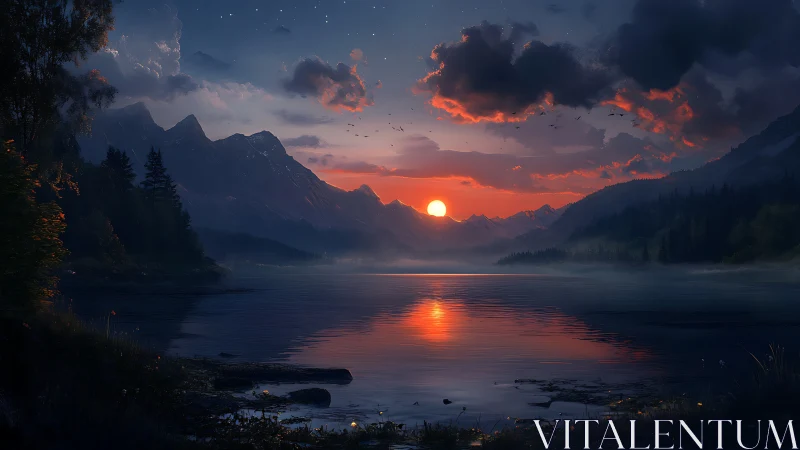 Evening sun settles gently over a misty mountain lake