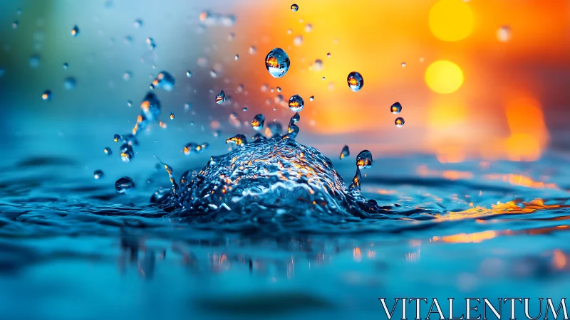 Water droplet crown erupts against vivid orange bokeh light