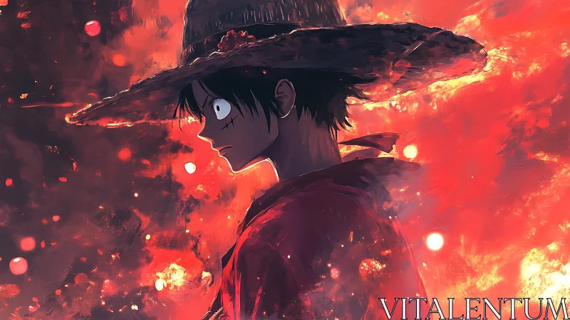 Straw hat anime boy in profile against fiery red sky.