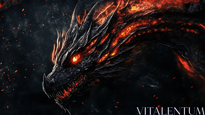 Fiery black dragon head with molten glowing scales.