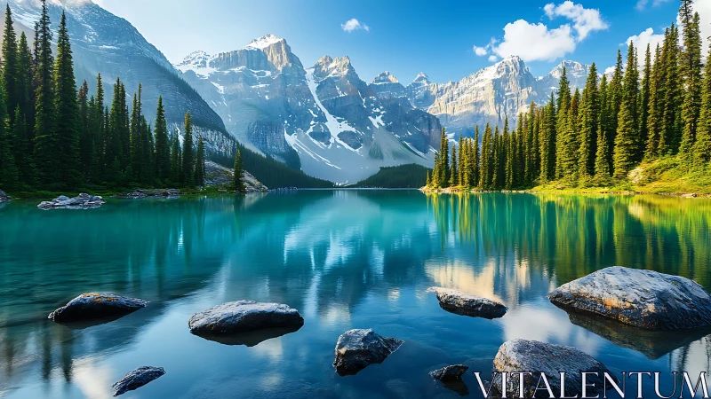 Crystal lake mirroring alpine peaks and evergreen forest panorama.