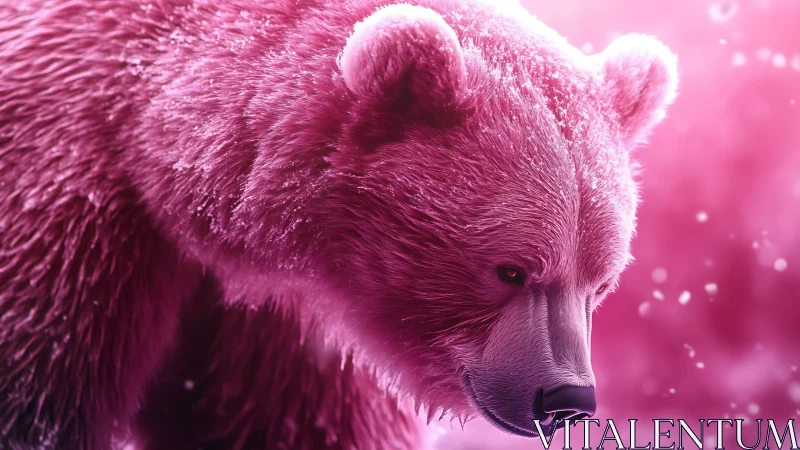 Pink-tinted bear moves through luminous falling snowflakes.