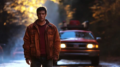 Young man on wet forest road before red pickup truck.