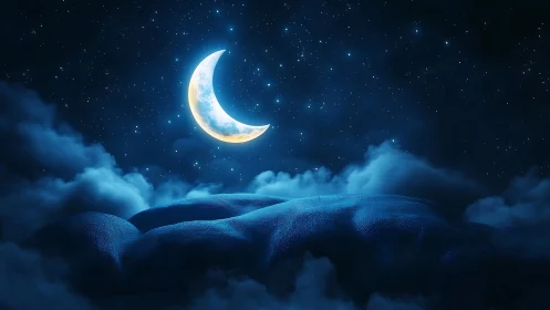 Crescent moon drifts above quilted clouds in midnight hush