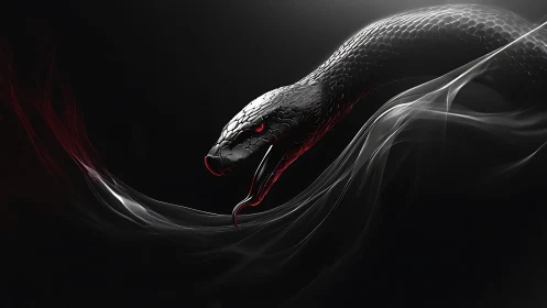 Digital serpent with red eyes emerging through smoke.