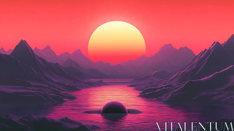 Neon alien sunrise floods a tranquil river between sharp peaks