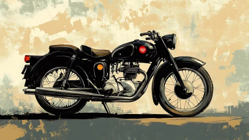 Classic black motorcycle stands against textured backdrop.